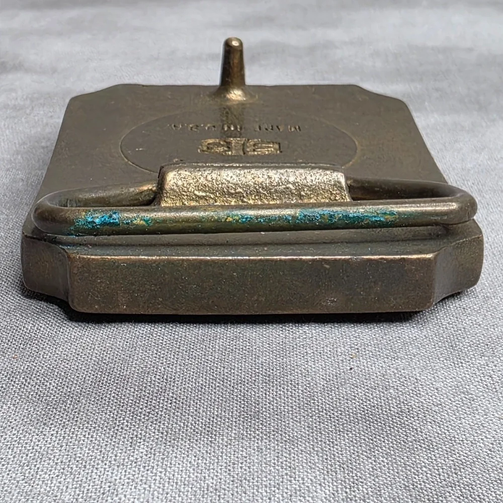 Belt Buckle Vintage Solid Brass Leather‎ Mountain Lake Scenic BTS Made in USA